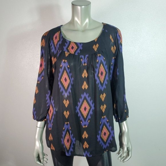 Lucky Brand Top Plus‎ Sz 1X Southwestern Print Lightweight Casual Pullover Black - Picture 2 of 5